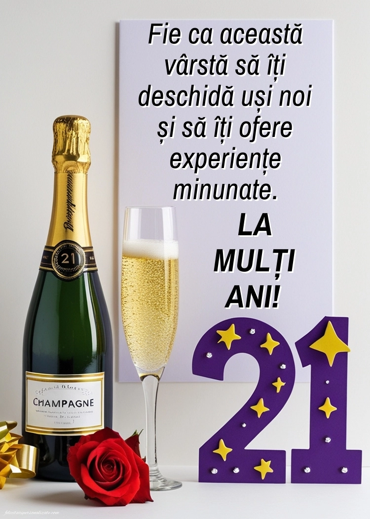 Felicitări cu imagini de LA MULȚI ANI pentru 21 de ani: Șampanie și flori