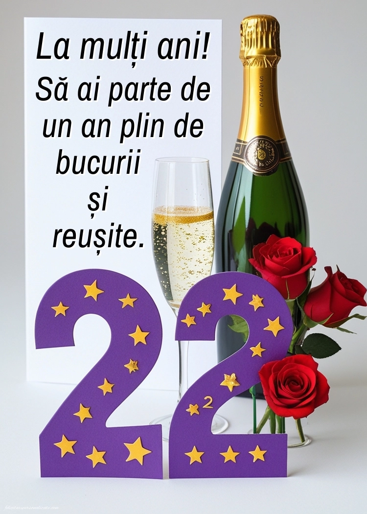 Felicitări cu imagini de LA MULȚI ANI pentru 22 de ani: Șampanie și flori