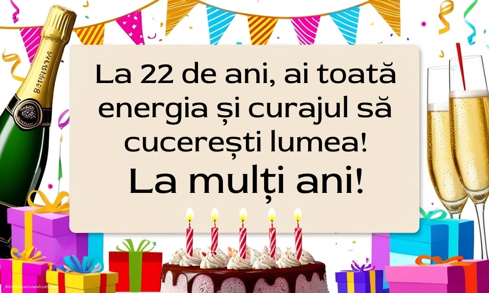 Felicitări cu imagini de LA MULȚI ANI pentru 22 de ani: Șampanie și tort
