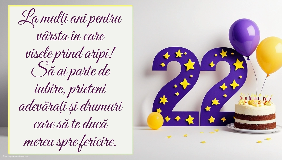 Felicitări cu imagini de LA MULȚI ANI pentru 22 de ani: Tort și baloane