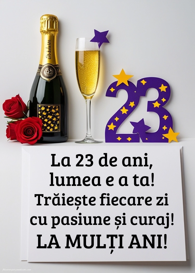 Felicitări cu imagini de LA MULȚI ANI pentru 23 de ani: Șampanie și flori