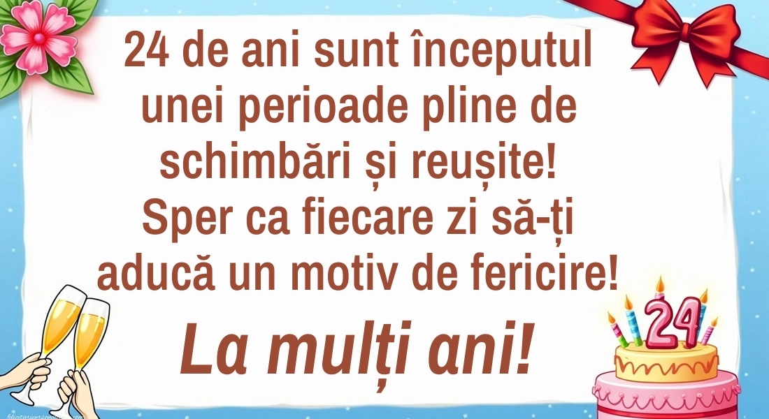 Felicitări cu imagini de LA MULȚI ANI pentru 24 de ani: Tort și baloane