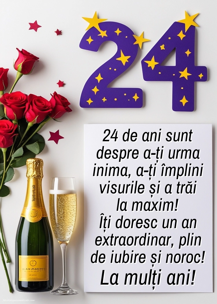 Felicitări cu imagini de LA MULȚI ANI pentru 24 de ani: Șampanie și flori