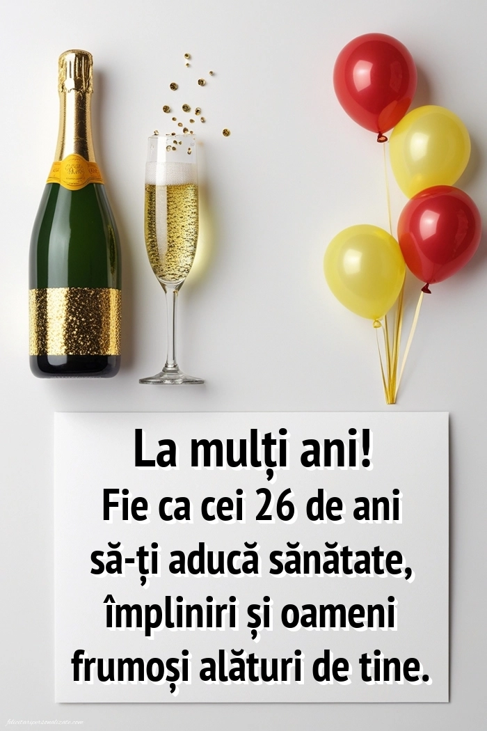 Felicitări cu imagini de LA MULȚI ANI pentru 26 de ani: Șampanie și baloane