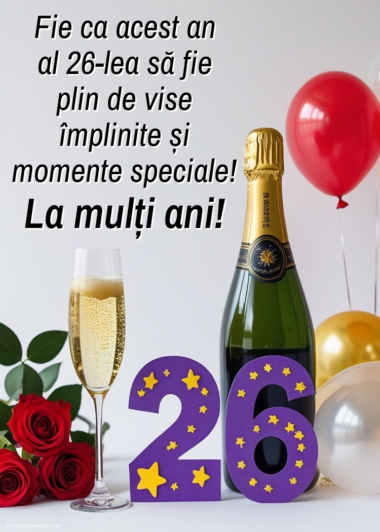 Felicitări cu imagini de LA MULȚI ANI pentru 26 de ani: Șampanie și flori