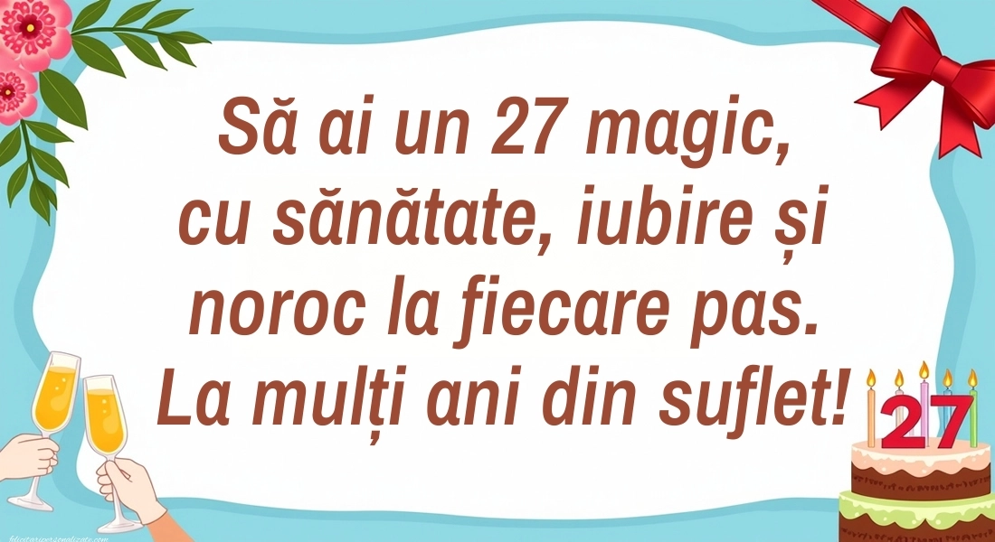 Felicitări cu imagini de LA MULȚI ANI pentru 27 de ani: Tort și baloane