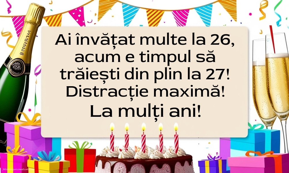 Felicitări cu imagini de LA MULȚI ANI pentru 27 de ani: Șampanie și tort