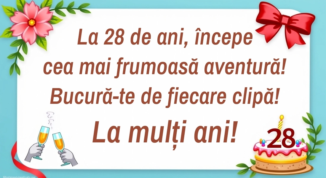 Felicitări cu imagini de LA MULȚI ANI pentru 28 de ani: Tort și baloane