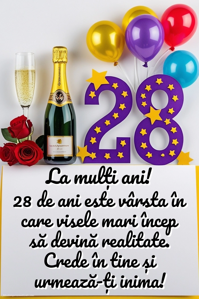 Felicitări cu imagini de LA MULȚI ANI pentru 28 de ani: Șampanie și baloane