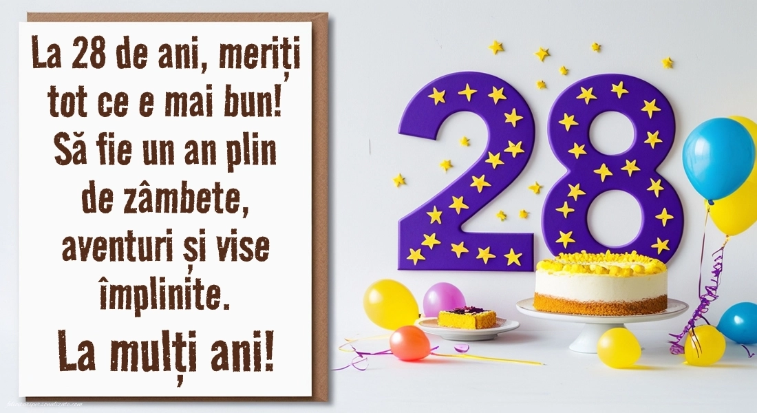 Felicitări cu imagini de LA MULȚI ANI pentru 28 de ani: Tort și baloane