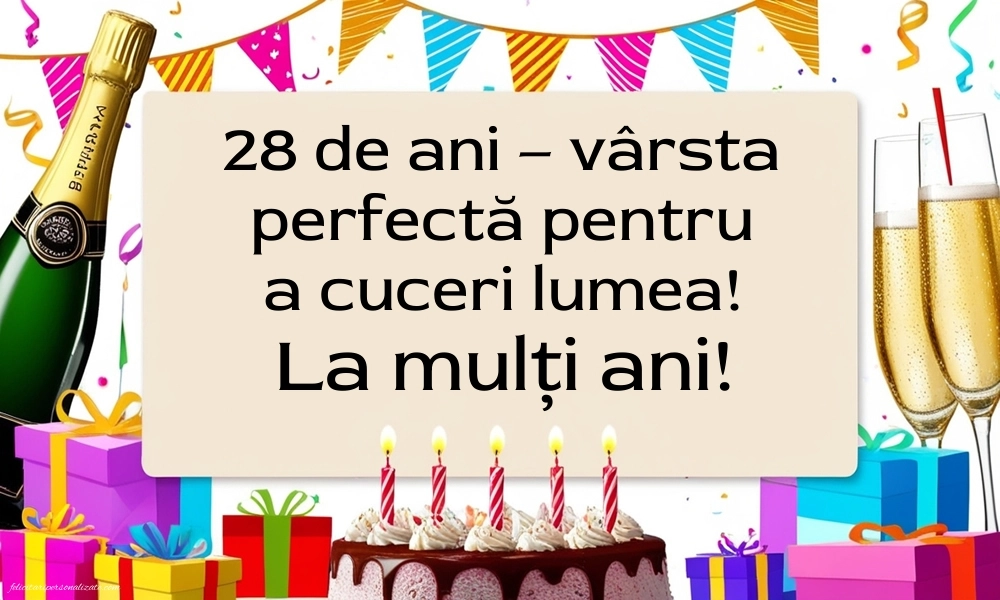 Felicitări cu imagini de LA MULȚI ANI pentru 28 de ani: Șampanie și tort