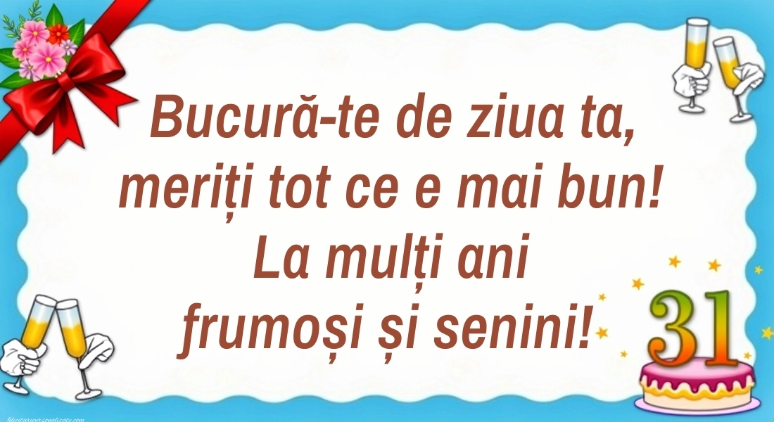 Felicitări cu imagini de LA MULȚI ANI pentru 31 de ani: Tort și baloane