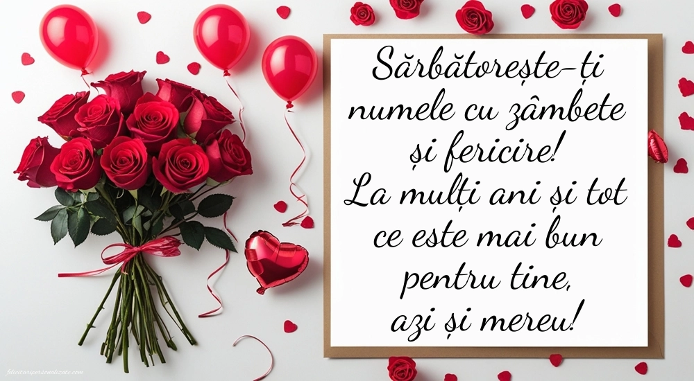Imagini cu felicitări frumoase de Ziua Numelui: Trandafiri și baloane