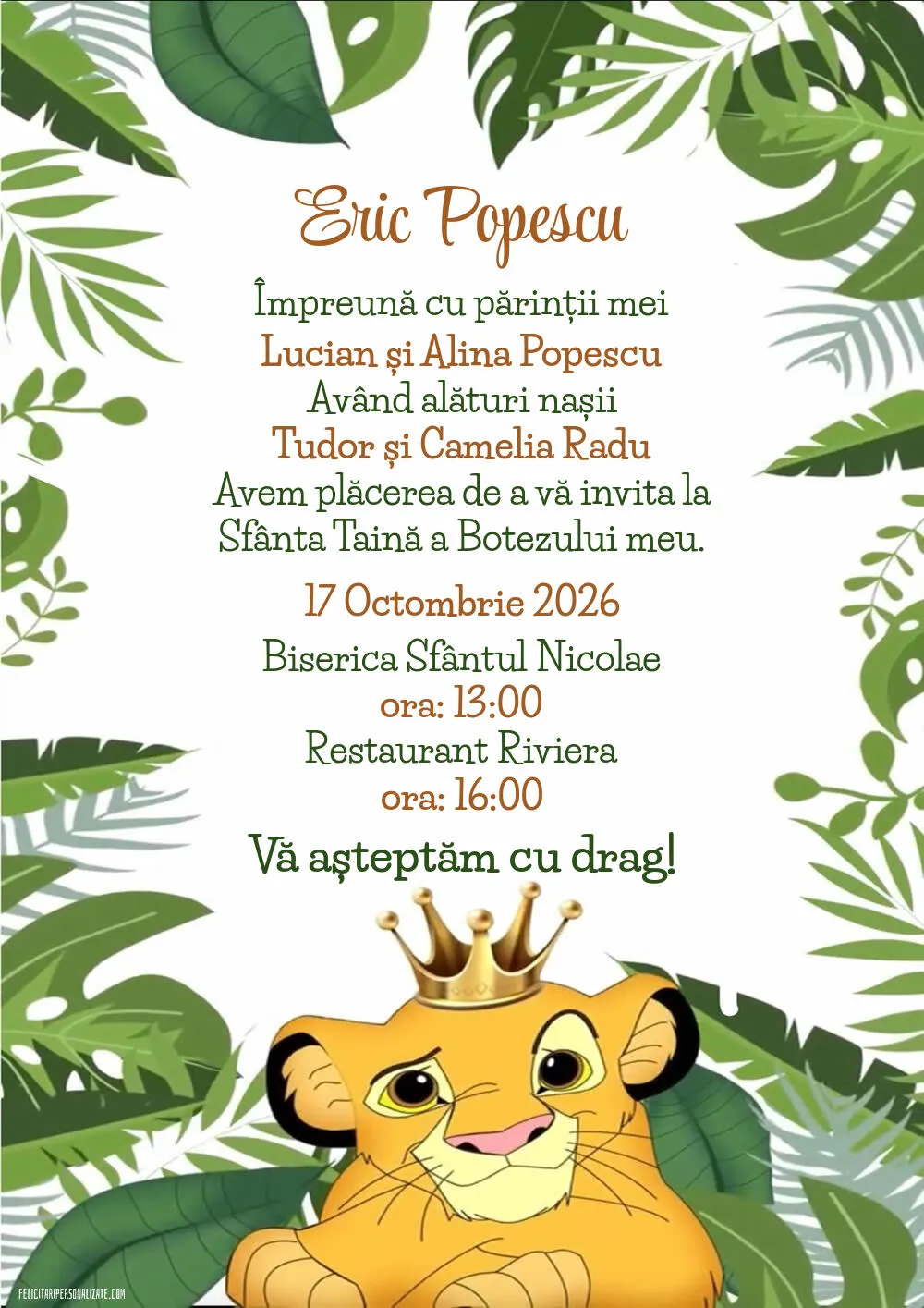 Invitație cu Simba
