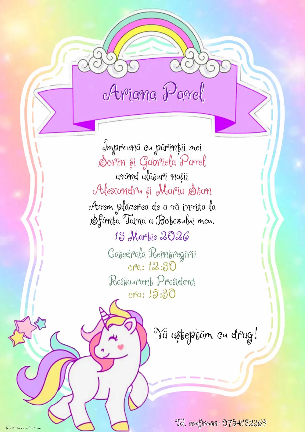 Invitație cu unicorn