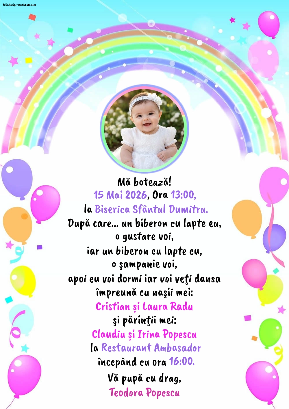 Invitație cu tema curcubeu