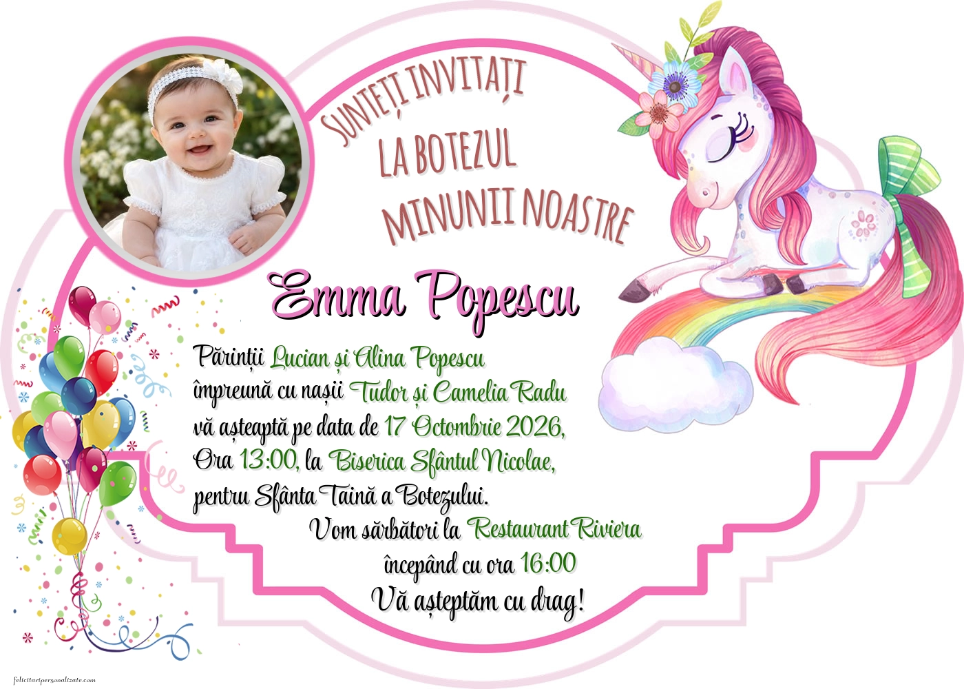 Invitație cu unicorn