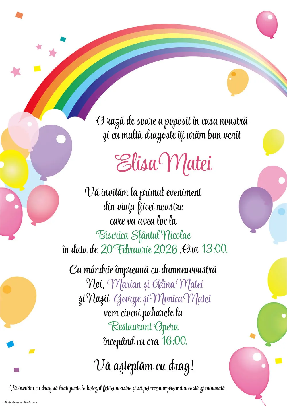 Invitație cu tema curcubeu