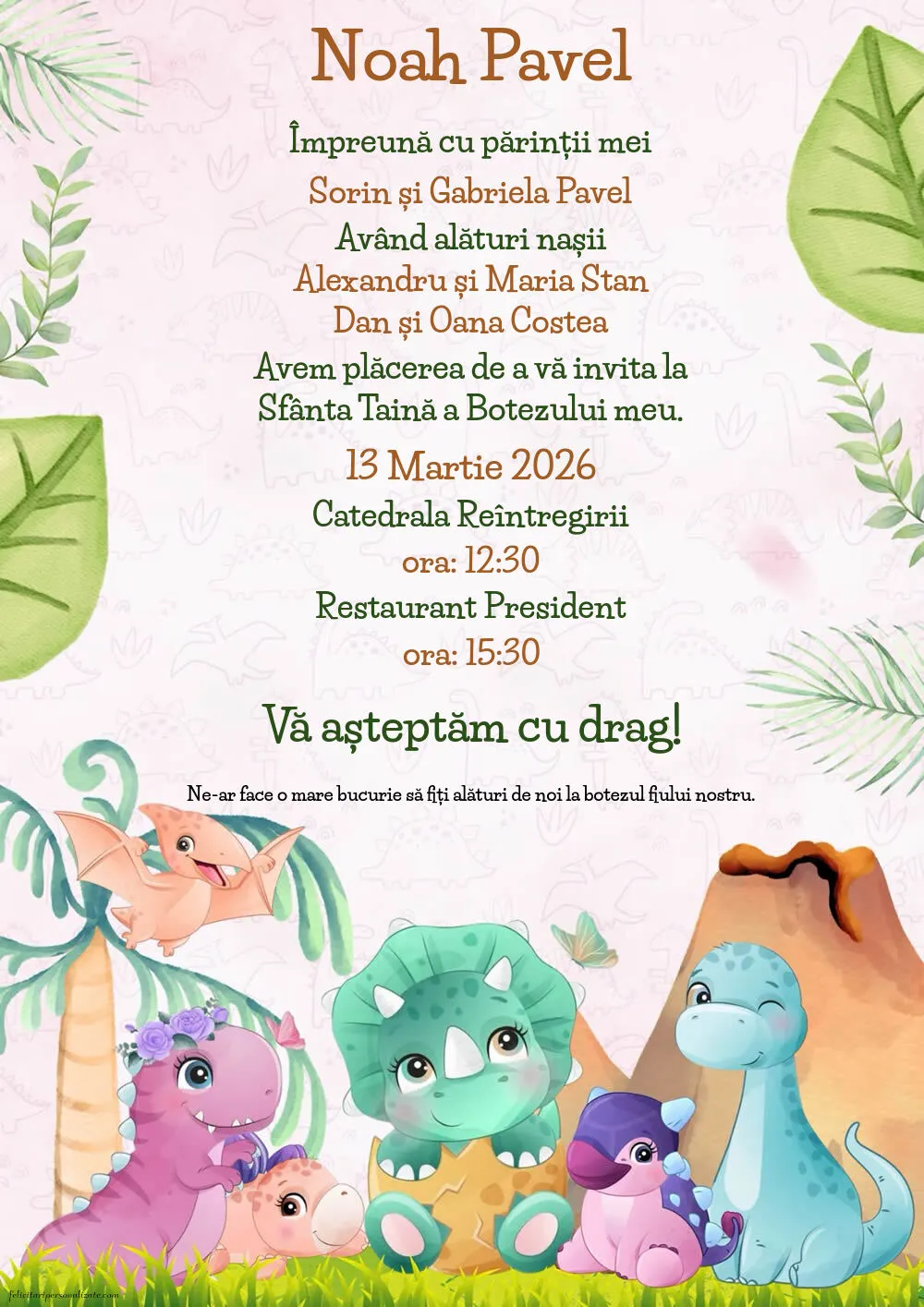Invitație cu dinozaur