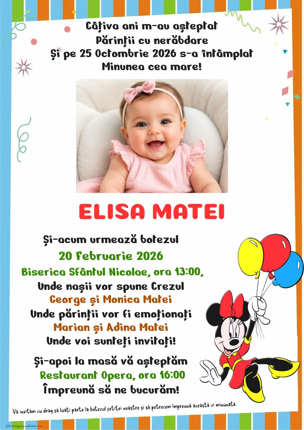 Invitație cu Minnie Mouse