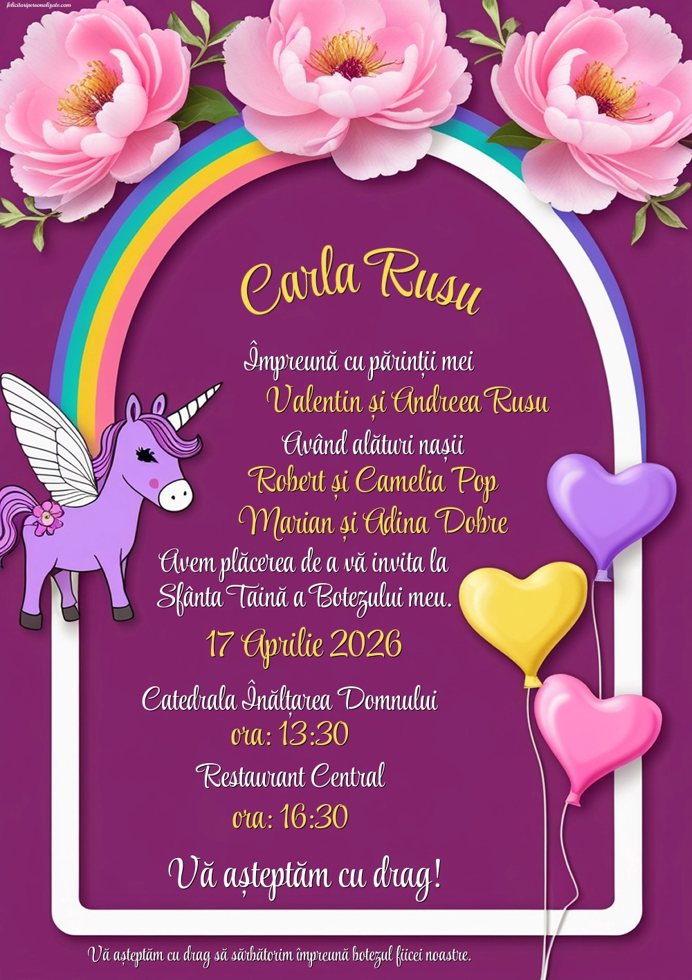 Invitație cu unicorn
