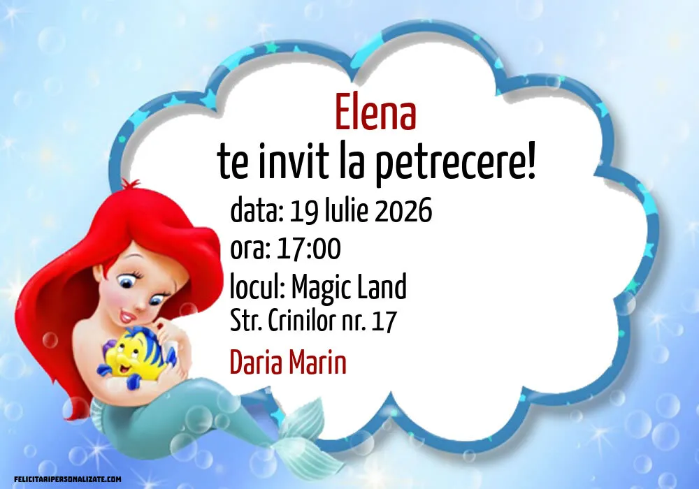 Exemplu completat: Invitație cu Ariel