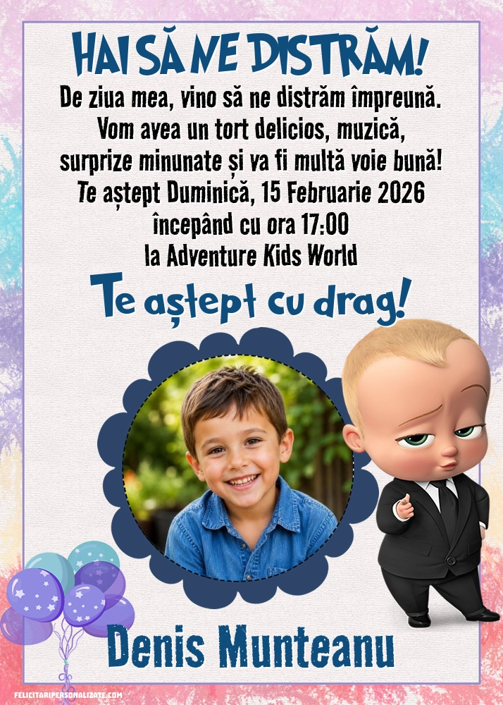 Exemplu completat: Invitație cu Baby Boss