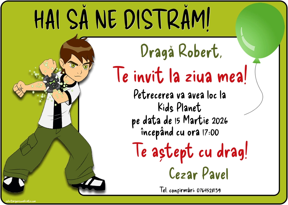 Exemplu completat: Invitație cu Ben 10