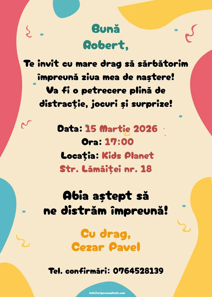 Exemplu completat: Invitație cu confeti