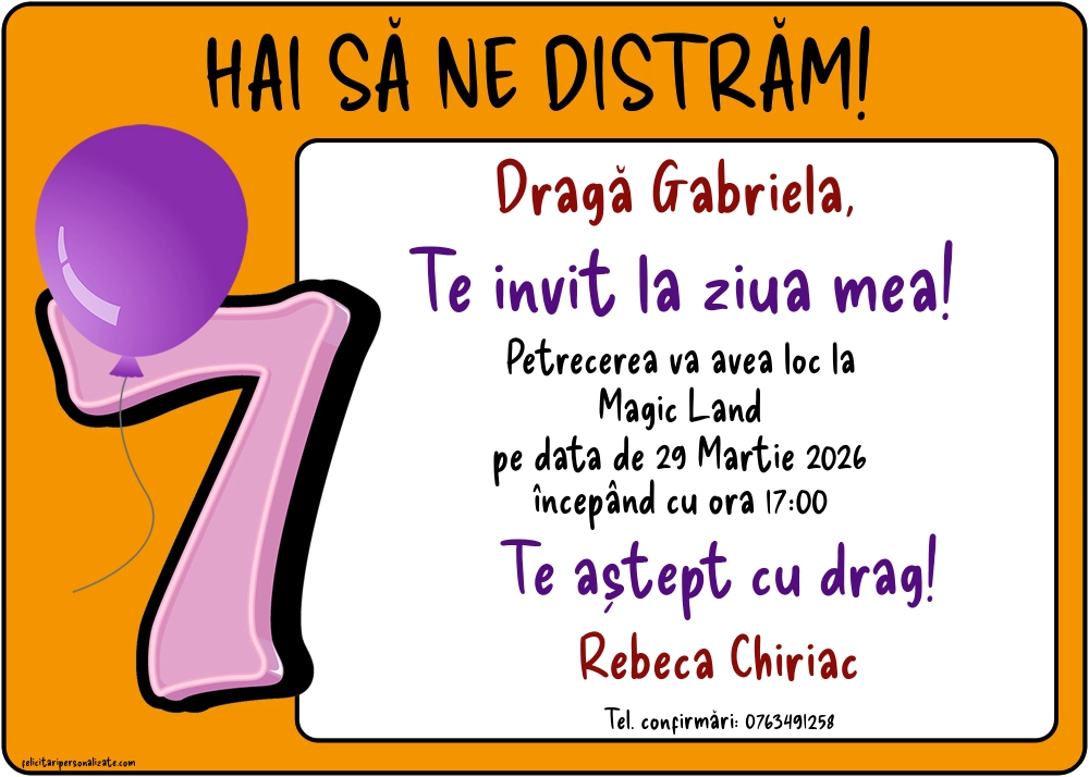 Exemplu completat: Invitație pentru 7 ani
