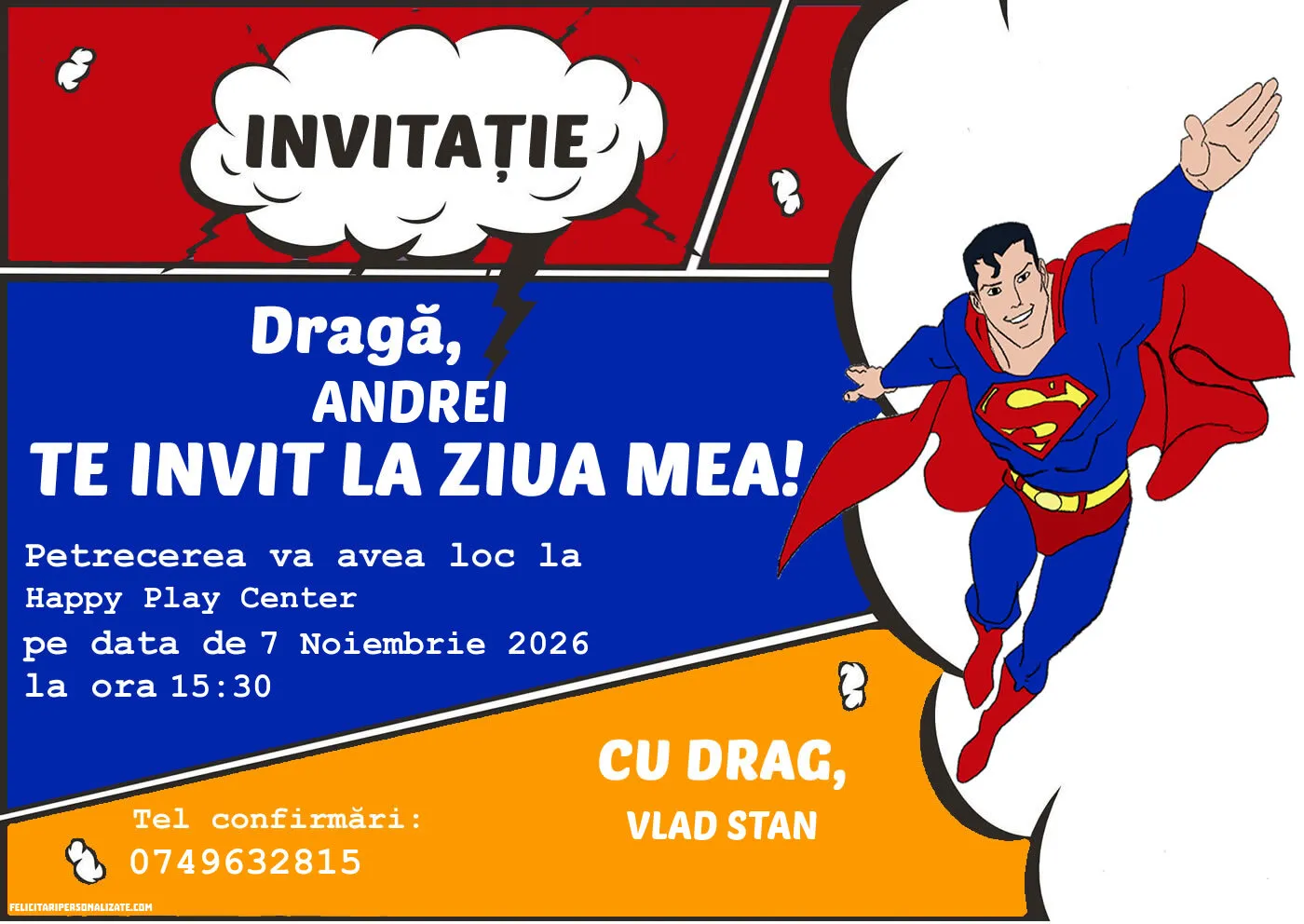 Exemplu completat: Invitație cu Superman