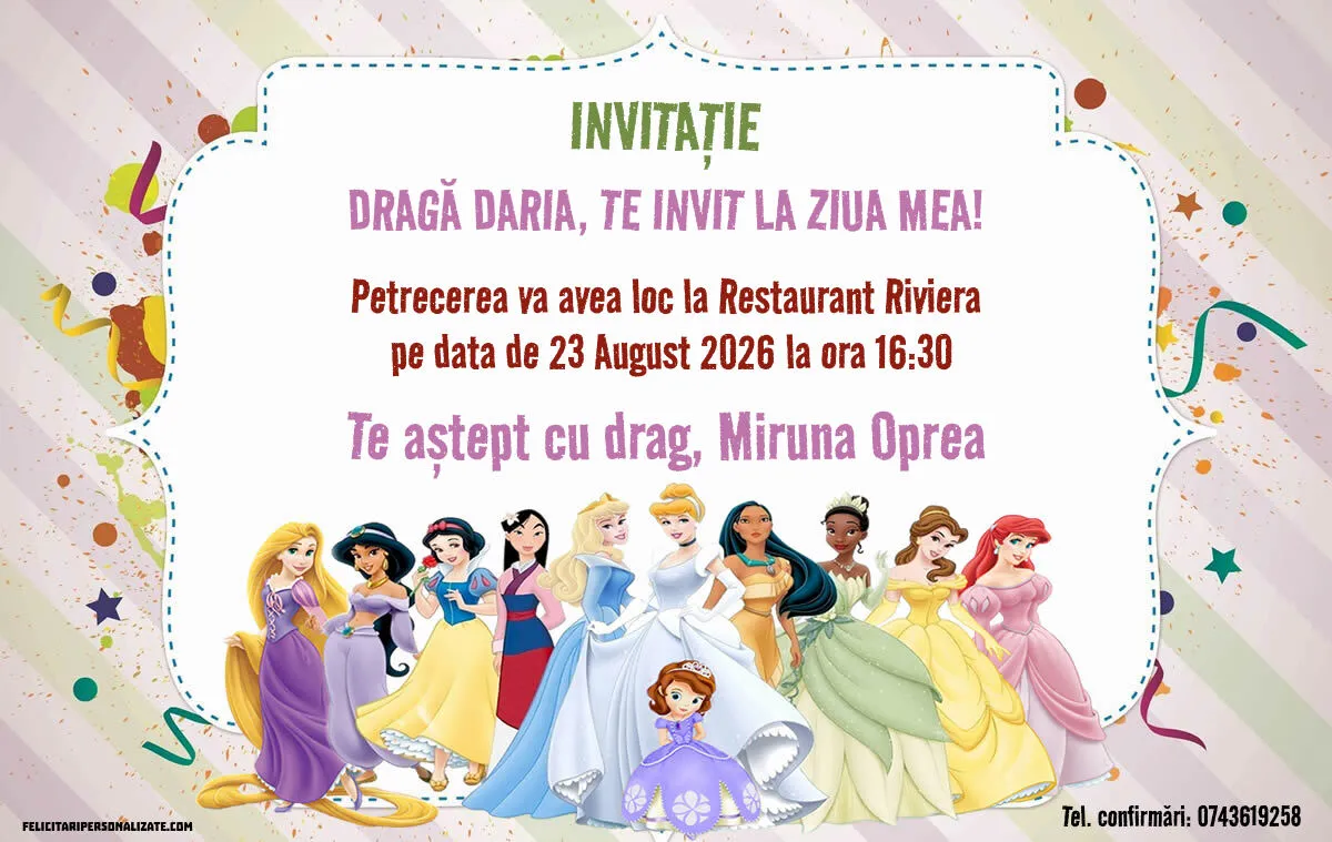 Exemplu completat: Invitație cu Prințese Disney