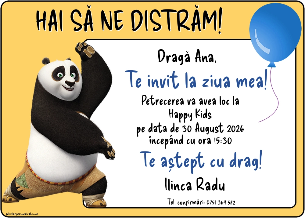 Exemplu completat: Invitație cu Kung Fu Panda