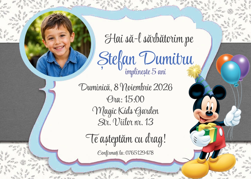 Exemplu completat: Invitație cu Mickey Mouse