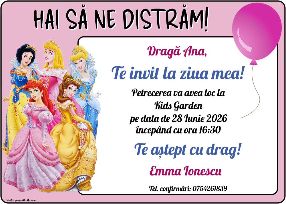Exemplu completat: Invitație cu Prințese Disney