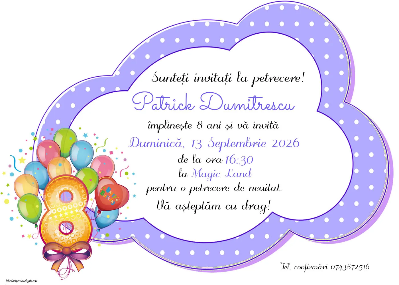 Exemplu completat: Invitație pentru 8 ani