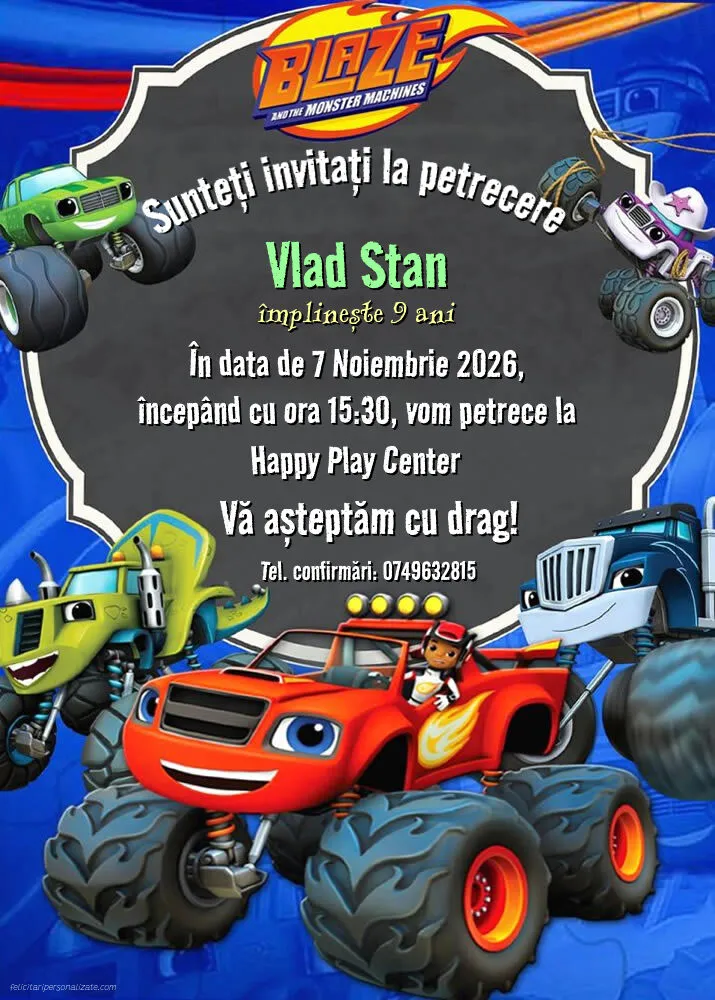 Exemplu completat: Invitație cu Blaze și mașinile uriașe