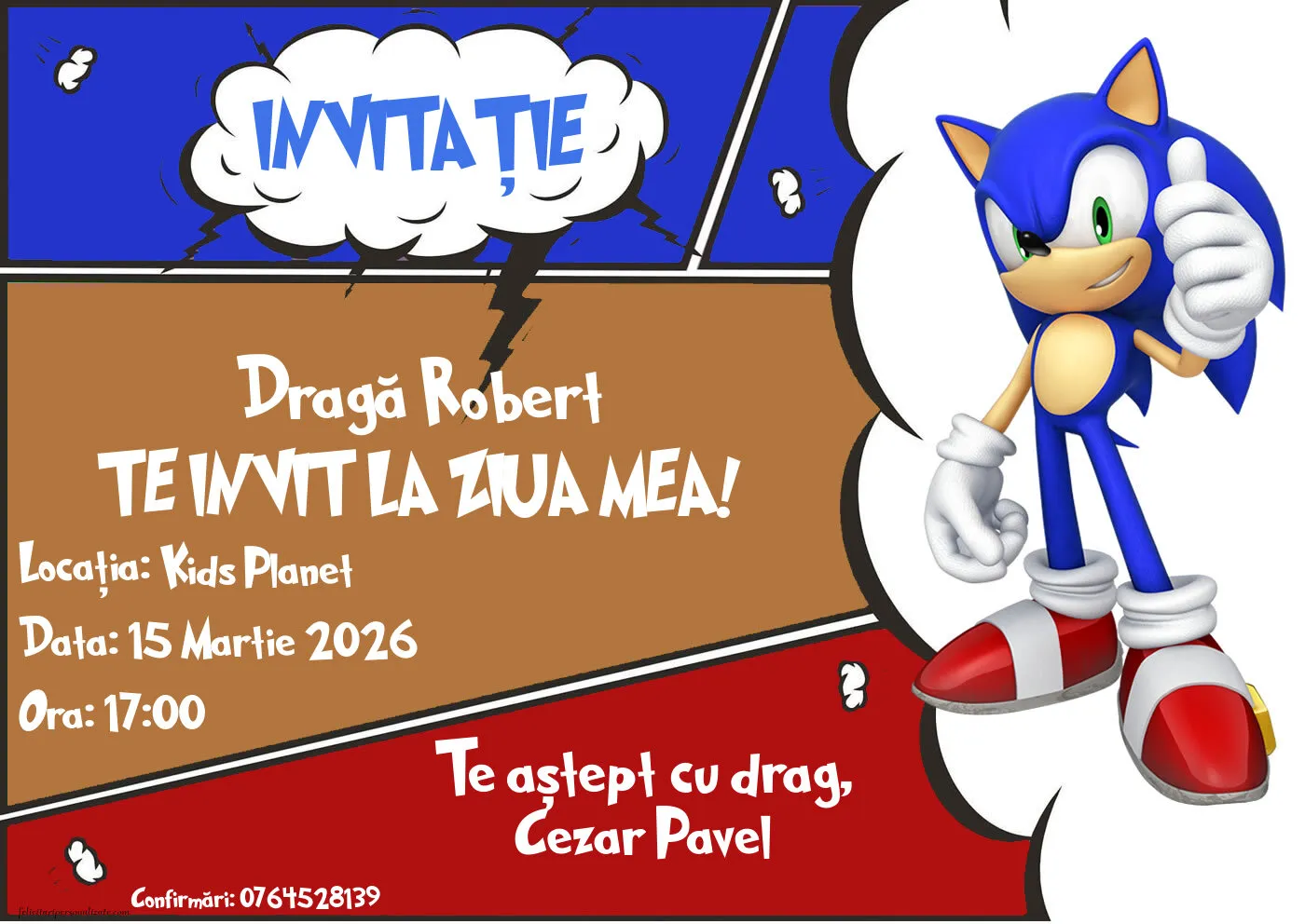 Exemplu completat: Invitație cu Ariciul Sonic