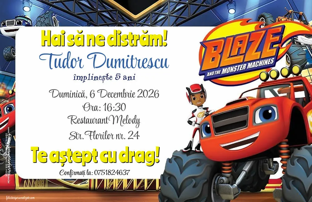 Exemplu completat: Invitație cu Blaze și mașinile uriașe