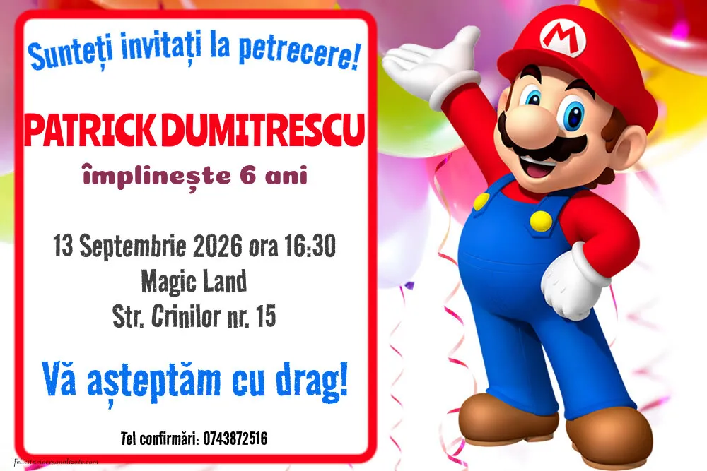 Exemplu completat: Invitație cu Mario