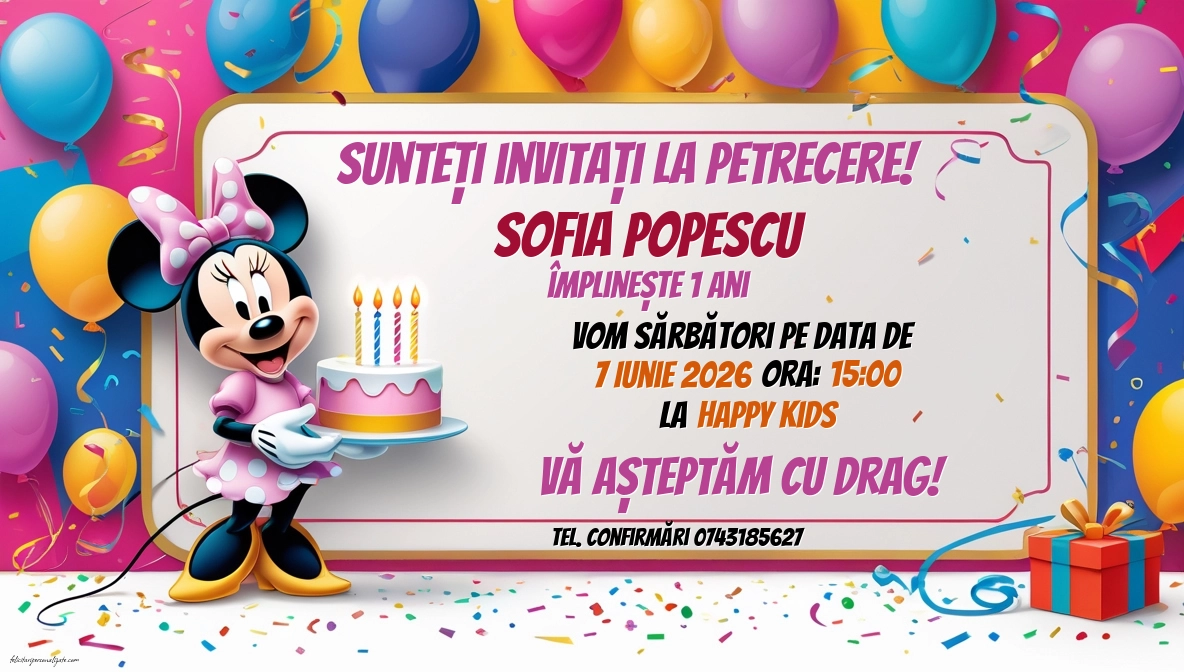 Exemplu completat: Invitație cu Minnie Mouse