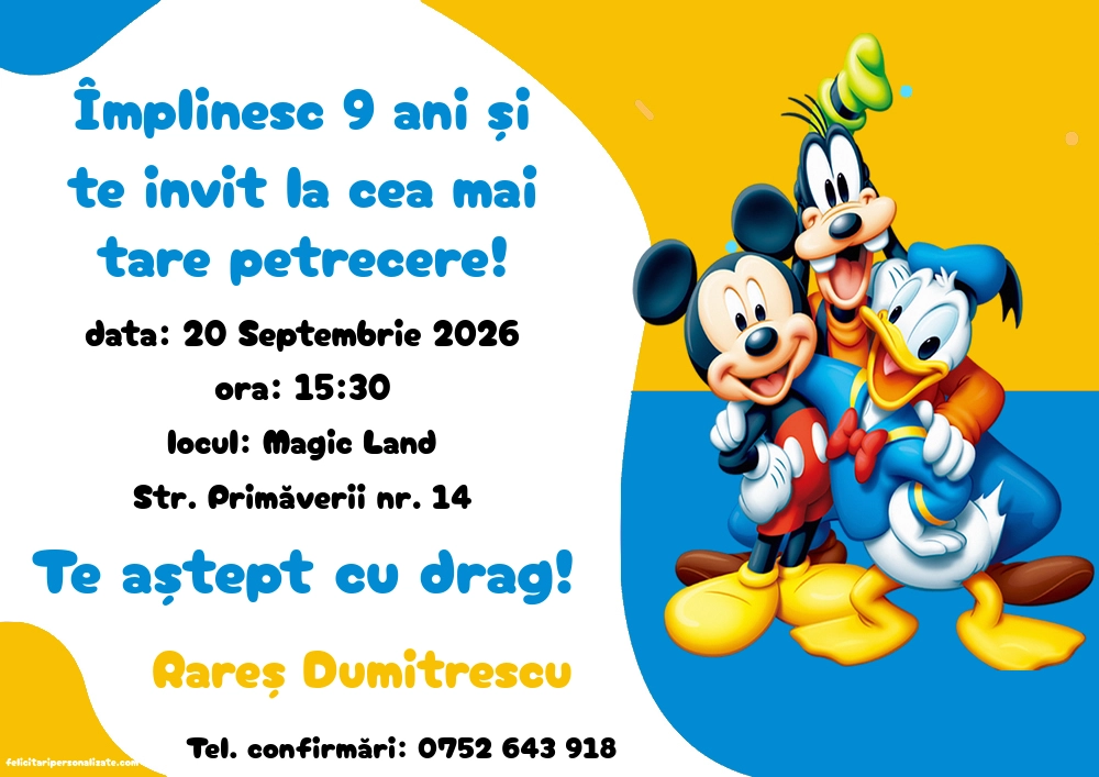 Exemplu completat: Invitație cu personaje din desene animate