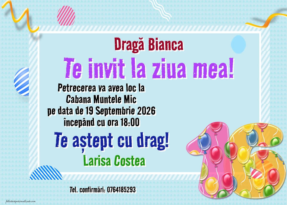 Exemplu completat: Invitație pentru 16 ani