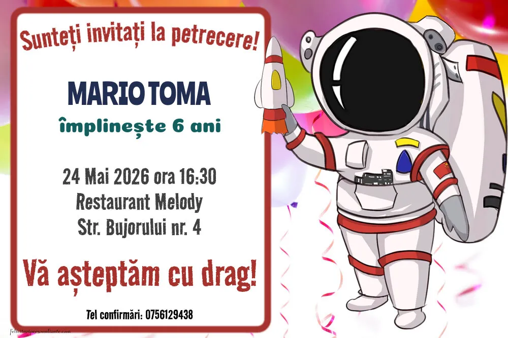 Exemplu completat: Invitație cu cosmonaut