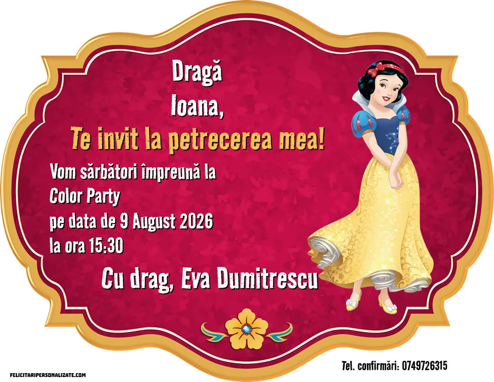 Exemplu completat: Invitație cu Albă ca Zăpada