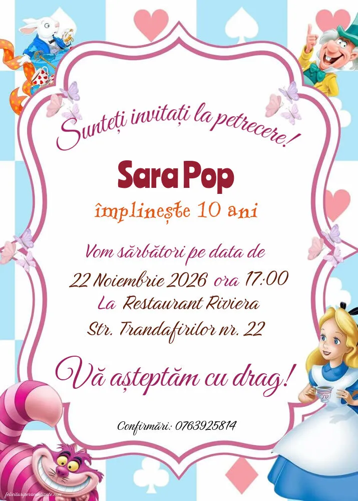 Exemplu completat: Invitație cu Alice în țara minunilor