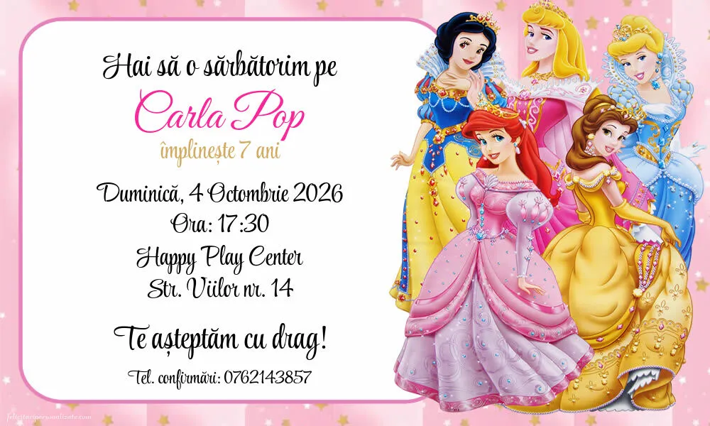 Exemplu completat: Invitație cu Prințese Disney