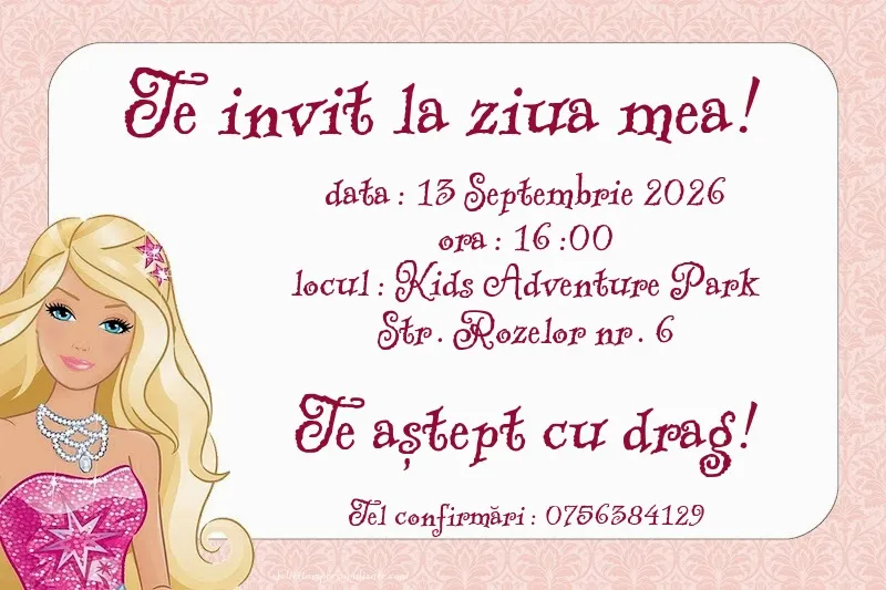 Exemplu completat: Invitație cu Barbie