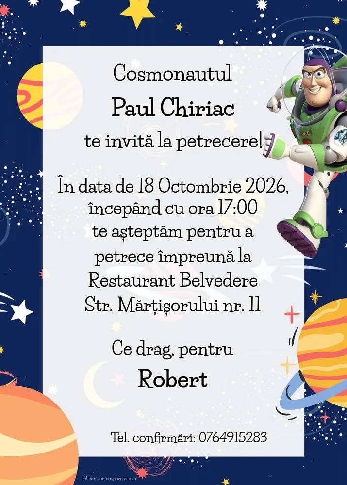 Exemplu completat: Invitație cu cosmonaut