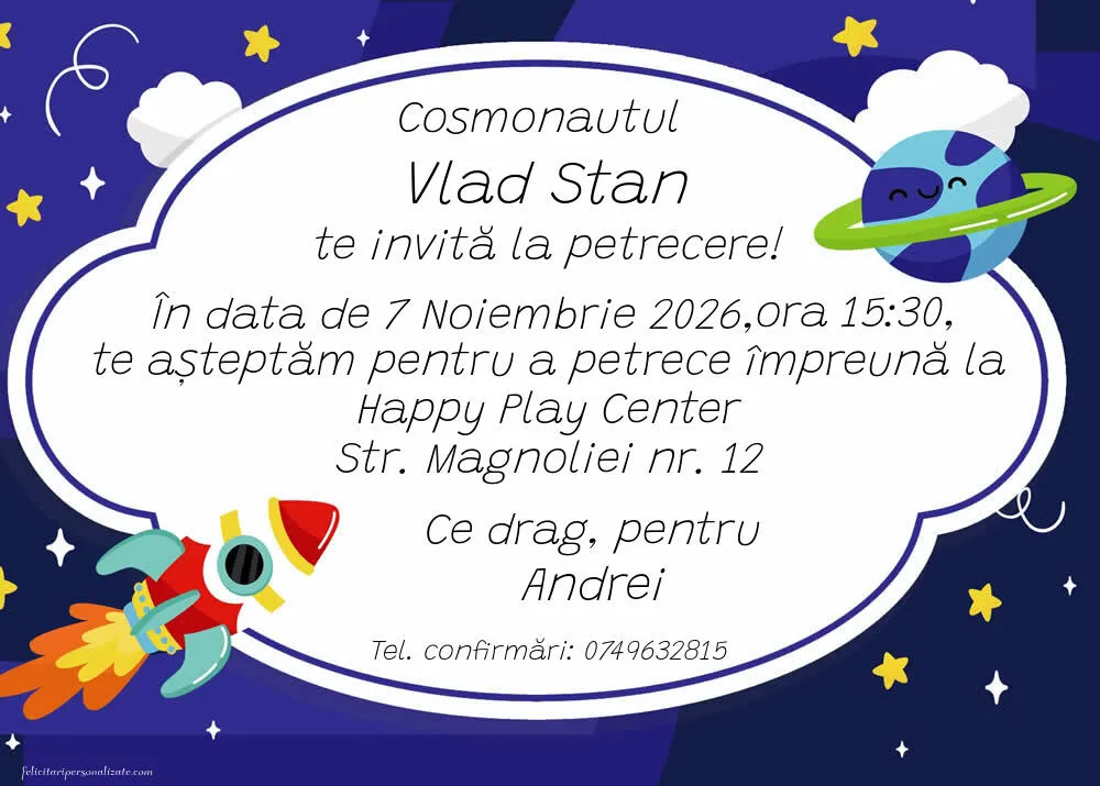 Exemplu completat: Invitație cu tema Cosmos